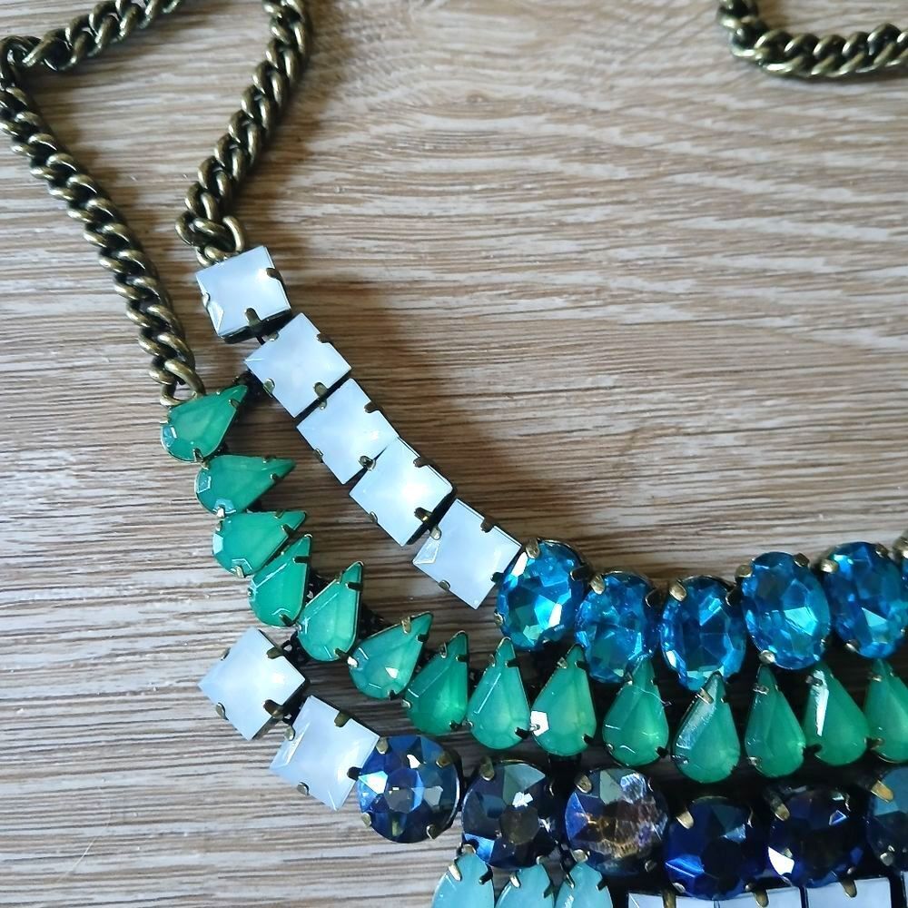 BR Banana Republic Statement Necklace Bib Mosiac Blue Rhinestone Charm - Picture 8 of 9